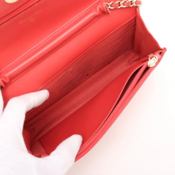 Chanel CC Logo Filigree Caviar Skin Chain Wallet Bag Red - Picture 6 of 15